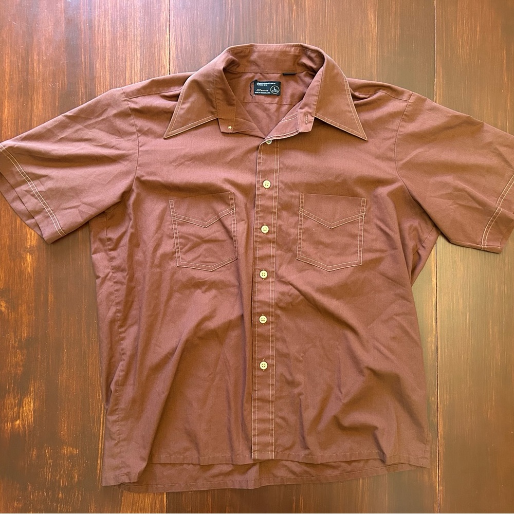 Vintage 1970’s JC Penney Rust Colored Button Down Short Sleeve Shirt Mens size L
